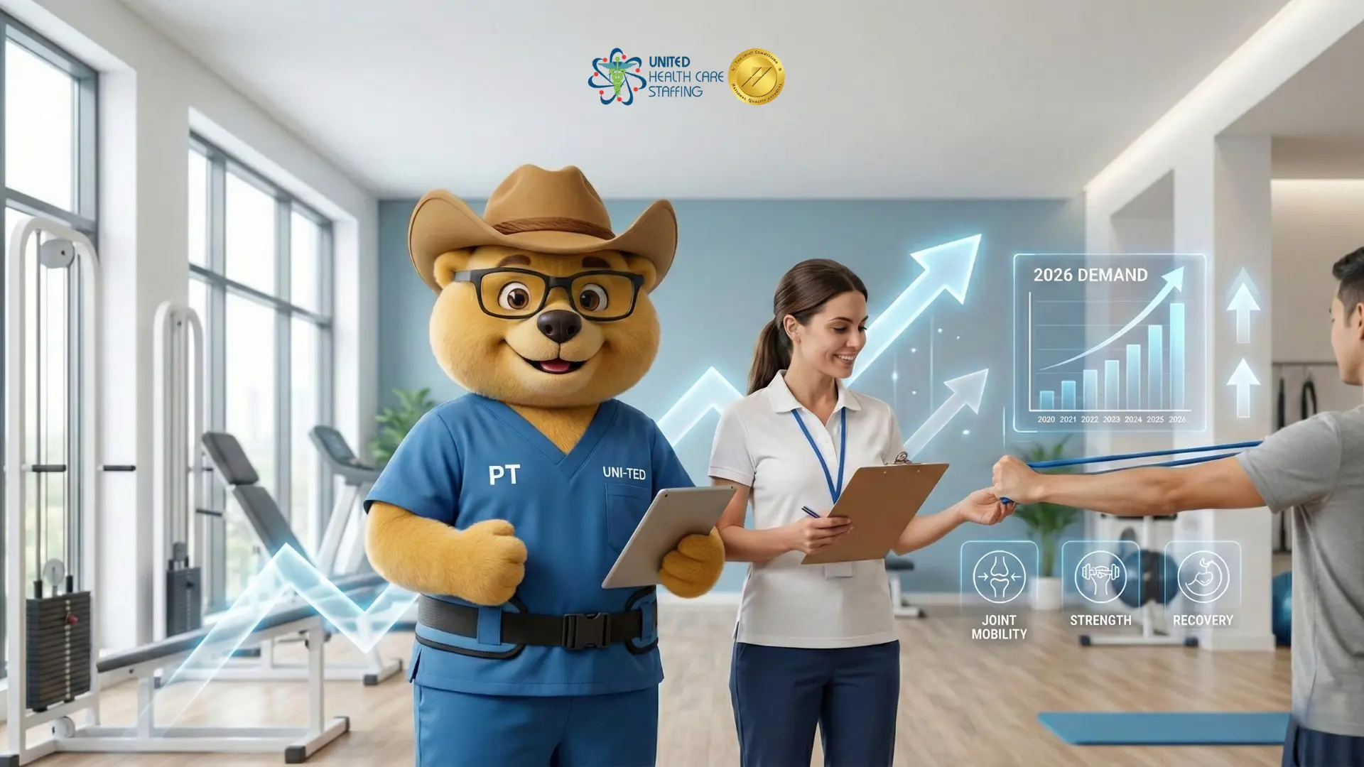 A digital illustration for United Health Care Staffing featuring mascot Uni-Ted in blue scrubs labeled PT and a female therapist holding a clipboard in a modern gym setting. A patient is seen in the background using a resistance band. Floating digital graphics show 2026 Demand with a rising line graph and icons for joint mobility, strength, and recovery.